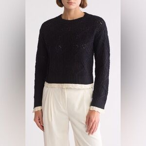Elie Tahari Crocheted Black Sweater with White Ribbing